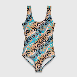 Женский купальник-боди Леопардовый узор на синих, бежевых диагональных по