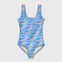 Купальник-боди 3D женский Плывущие девушки на голубом фоне, цвет: 3D-принт