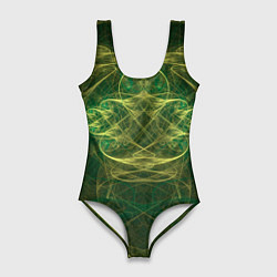 Женский купальник-боди Зелёно-жёлтый волнообразные линии во тьме