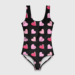 Купальник-боди 3D женский Валентинки на черном фоне, цвет: 3D-принт