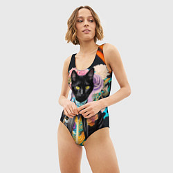 Купальник-боди 3D женский Модный чёрный кот - нейросеть - мода, цвет: 3D-принт — фото 2