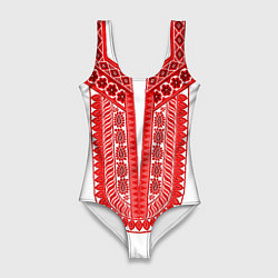 Купальник-боди 3D женский Красная славянская вышиванка, цвет: 3D-принт