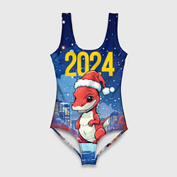 Купальник-боди 3D женский 2024 красный новогодний дракон, цвет: 3D-принт