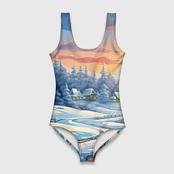 Купальник-боди 3D женский Новогодний пейзаж зимний, цвет: 3D-принт