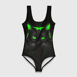 Купальник-боди 3D женский Черный кот в зеленом свечении, цвет: 3D-принт