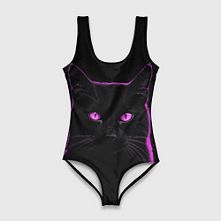 Женский купальник-боди Черный кот в розовом свечении
