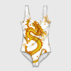 Купальник-боди 3D женский Золотой дракон в снежинках, цвет: 3D-принт