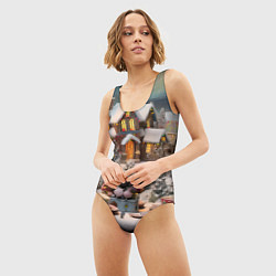 Купальник-боди 3D женский Объемные новогодние домики, цвет: 3D-принт — фото 2