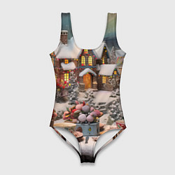 Купальник-боди 3D женский Объемные новогодние домики, цвет: 3D-принт