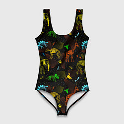 Женский купальник-боди Скелеты динозавров неон