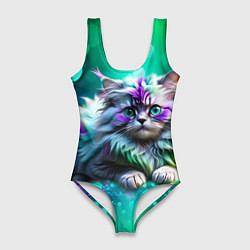 Женский купальник-боди Пушистый котенок в бирюзово фиолетовом боке
