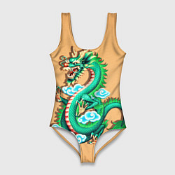 Женский купальник-боди Зелёный дракон на оранжевой текстуре