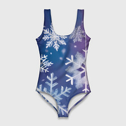 Женский купальник-боди Снежинки на фиолетово-синем фоне
