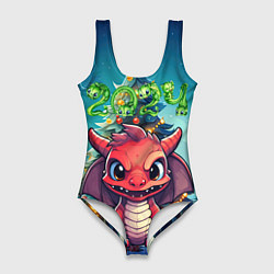 Купальник-боди 3D женский Красный злой дракошка, цвет: 3D-принт