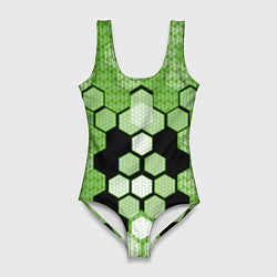 Купальник-боди 3D женский Зелёная кибер броня hexagons, цвет: 3D-принт