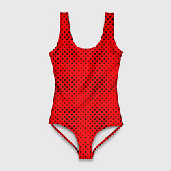 Купальник-боди 3D женский Красный в чёрный маленький горошек, цвет: 3D-принт