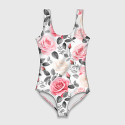 Женский купальник-боди Розовые розы и серые листочки - паттерн
