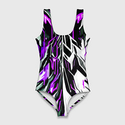 Женский купальник-боди Фиолетовая и белая абстракция на чёрном фоне