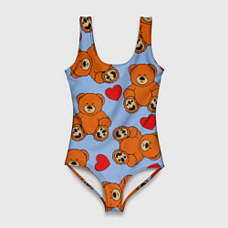 Женский купальник-боди Мишки и сердца на голубом фоне
