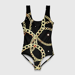 Женский купальник-боди Золотые цепи на черном - ювелирные украшения патте