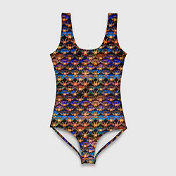 Купальник-боди 3D женский Разноцветный паттерн с золотыми значками, цвет: 3D-принт