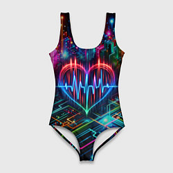 Купальник-боди 3D женский Неоновое сердце - кардиограмма, цвет: 3D-принт