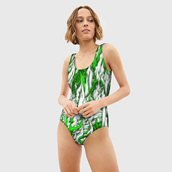 Купальник-боди 3D женский Белый и зелёный узор, цвет: 3D-принт — фото 2