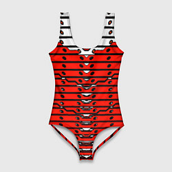 Купальник-боди 3D женский Красно-белая техно броня, цвет: 3D-принт