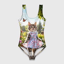 Купальник-боди 3D женский Кошка в летнем платье в саду, цвет: 3D-принт