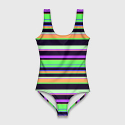 Купальник-боди 3D женский Зелёно-фиолетовый полосатый, цвет: 3D-принт