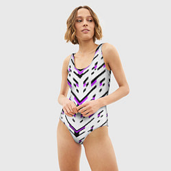 Купальник-боди 3D женский Black and purple stripes on a white background, цвет: 3D-принт — фото 2
