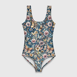 Женский купальник-боди Летний узор с цветами и бабочками