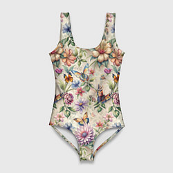 Женский купальник-боди Летний узор с цветами и бабочками