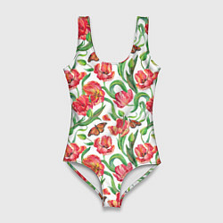 Женский купальник-боди Красные тюльпаны