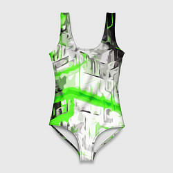 Женский купальник-боди Бело-зелёная абстракция на чёрном фоне