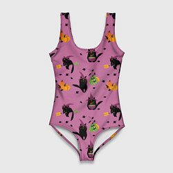 Женский купальник-боди Хэллоуин и кот ведьмы