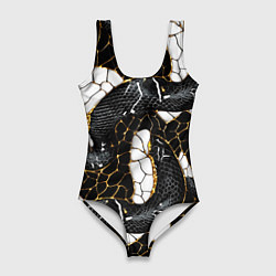 Женский купальник-боди Змеиная черно-белая абстракция