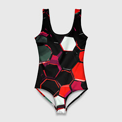 Женский купальник-боди Красно-белые шестиугольники на чёрном фоне