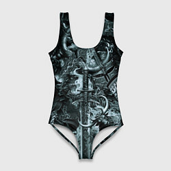 Женский купальник-боди Гладиатор и минотавр на фоне мечей и щитов