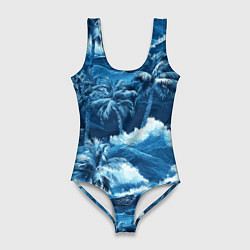 Женский купальник-боди Пальмы и волны - голубые оттенки паттерн