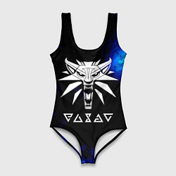 Купальник-боди 3D женский Ведьмак лого синие краски, цвет: 3D-принт