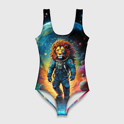 Купальник-боди 3D женский Лев бравый космонавт - неоновый космос, цвет: 3D-принт