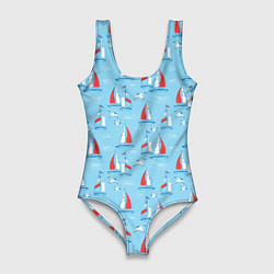 Женский купальник-боди Морской паттерн с парусными лодками и чайками