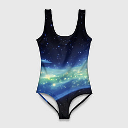 Купальник-боди 3D женский Синяя волна с зеленым оттенком на черном, цвет: 3D-принт