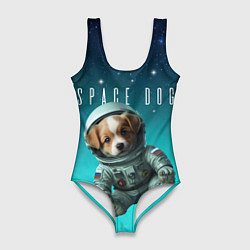 Купальник-боди 3D женский Собака в бирюзовом космосе, цвет: 3D-принт