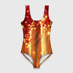 Купальник-боди 3D женский Красно-золотая волнистая текстура, цвет: 3D-принт