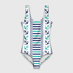 Женский купальник-боди Морской орнамент с якорями и полосками