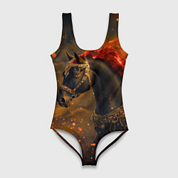 Купальник-боди 3D женский Черная лошадь с красной гривой - огненные частицы, цвет: 3D-принт