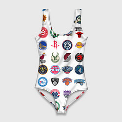 Купальник-боди 3D женский Команды НБА на белом фоне, цвет: 3D-принт