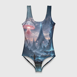 Женский купальник-боди Фантастический мир с медузами и озеро у гор